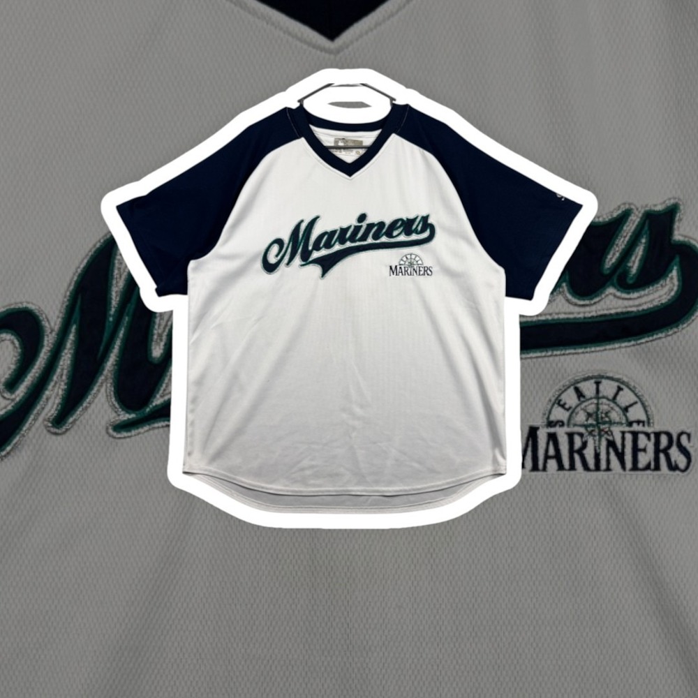 True Fan MLB Seattle Mariners V Neck Mesh Baseball Shirt Mens XL White Navy Blue
